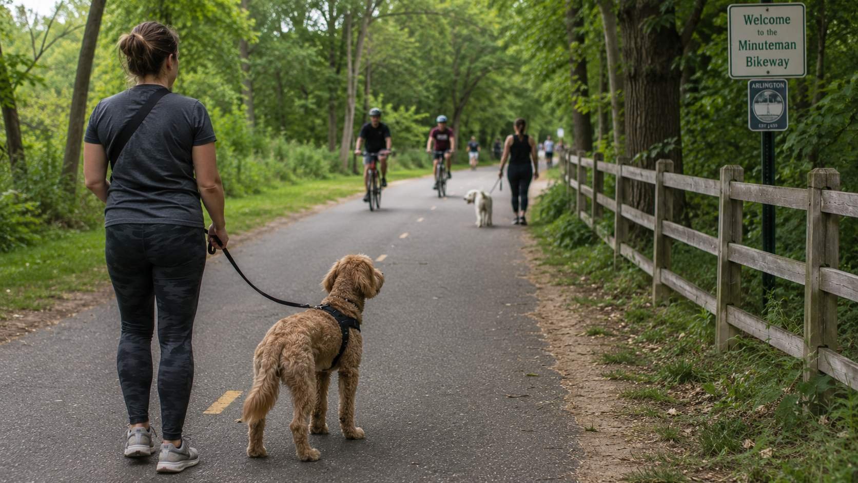 Owner walking a dog on a loose leash along the Minuteman Bikeway while cyclists and another dog pass at a distance
