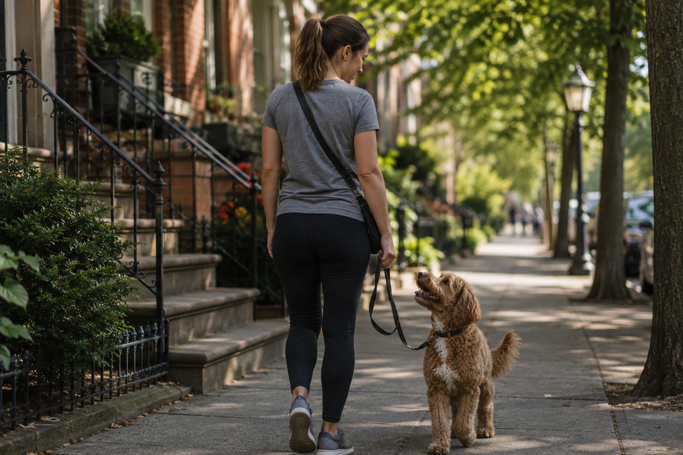Dog holding an attentive heel on a brownstone sidewalk
