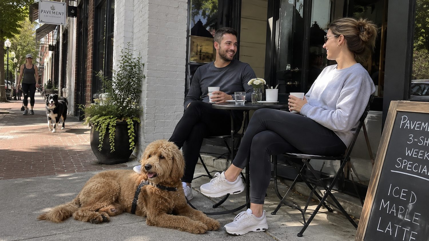Calm doodle lying beside its owners at a Boston cafe patio table