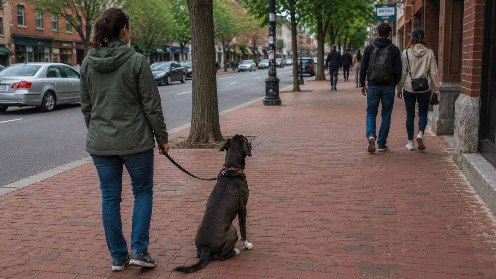 Owner practicing a calm sit with a dog on a brick Cambridge sidewalk as pedestrians pass