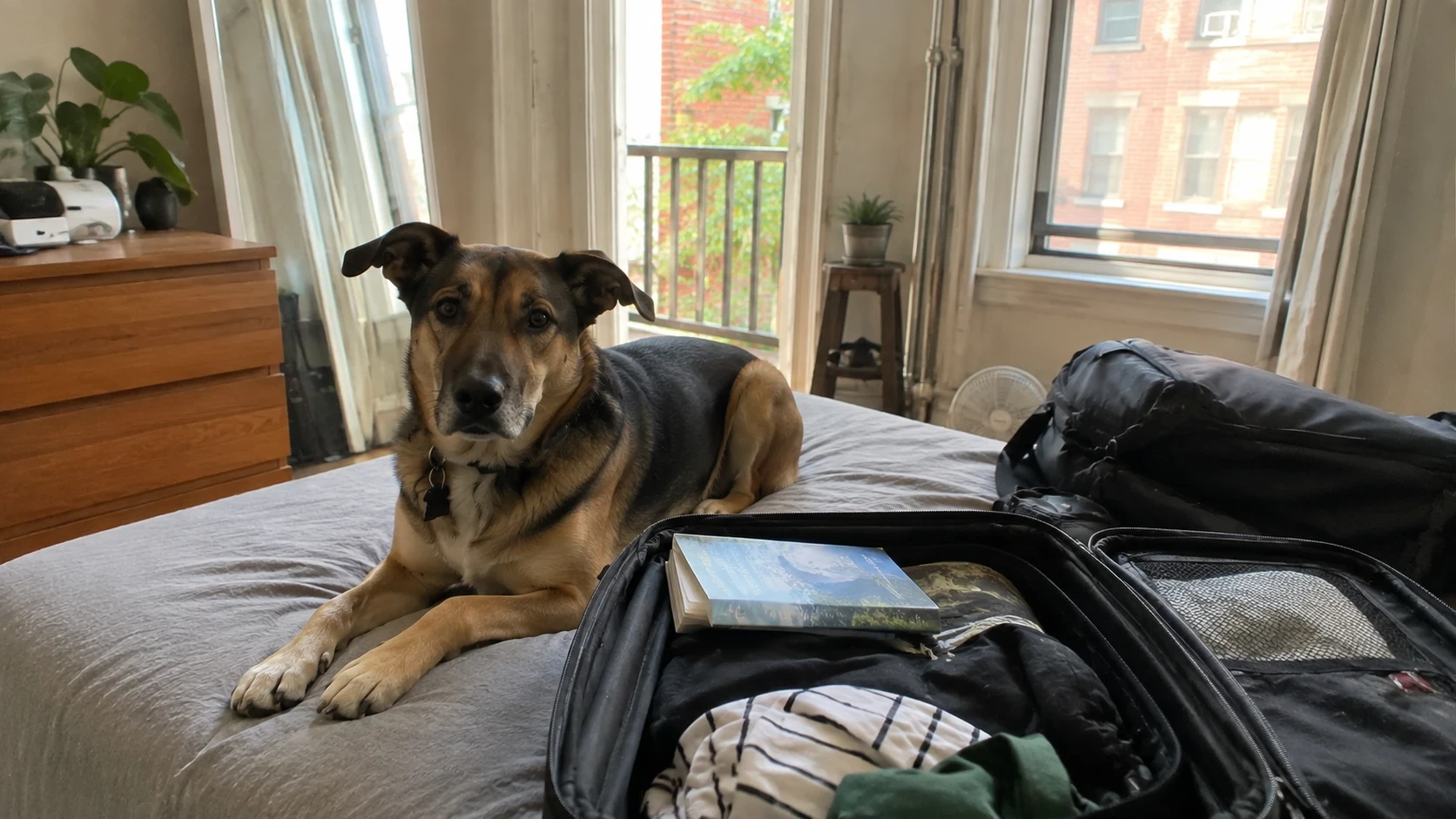 A dog lying on the bed beside a packed suitcase