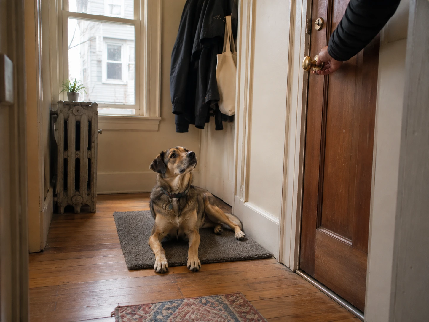 A dog settled calmly on a mat in a Boston apartment near the front door