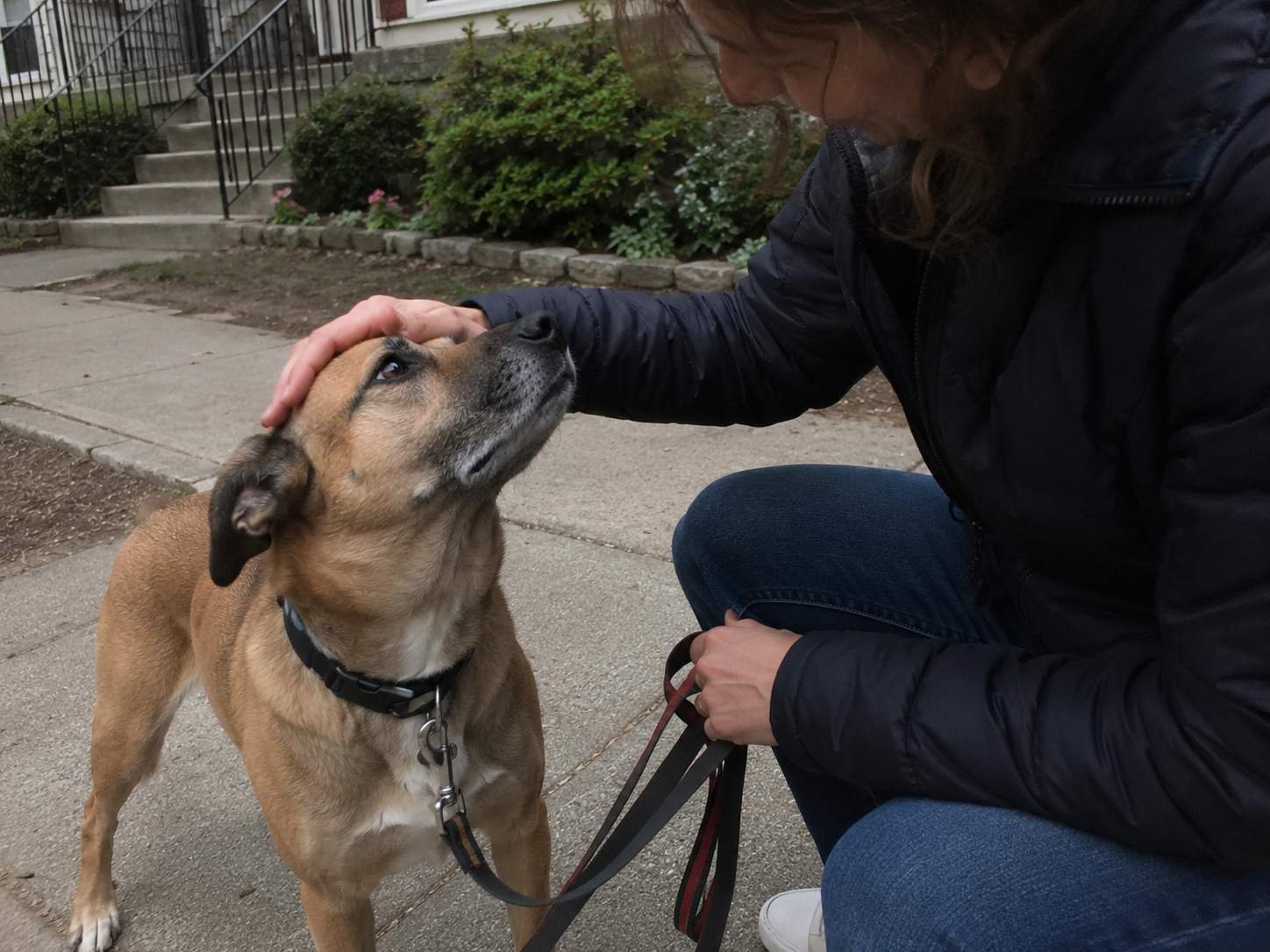 Dog leaning into praise and petting from its owner