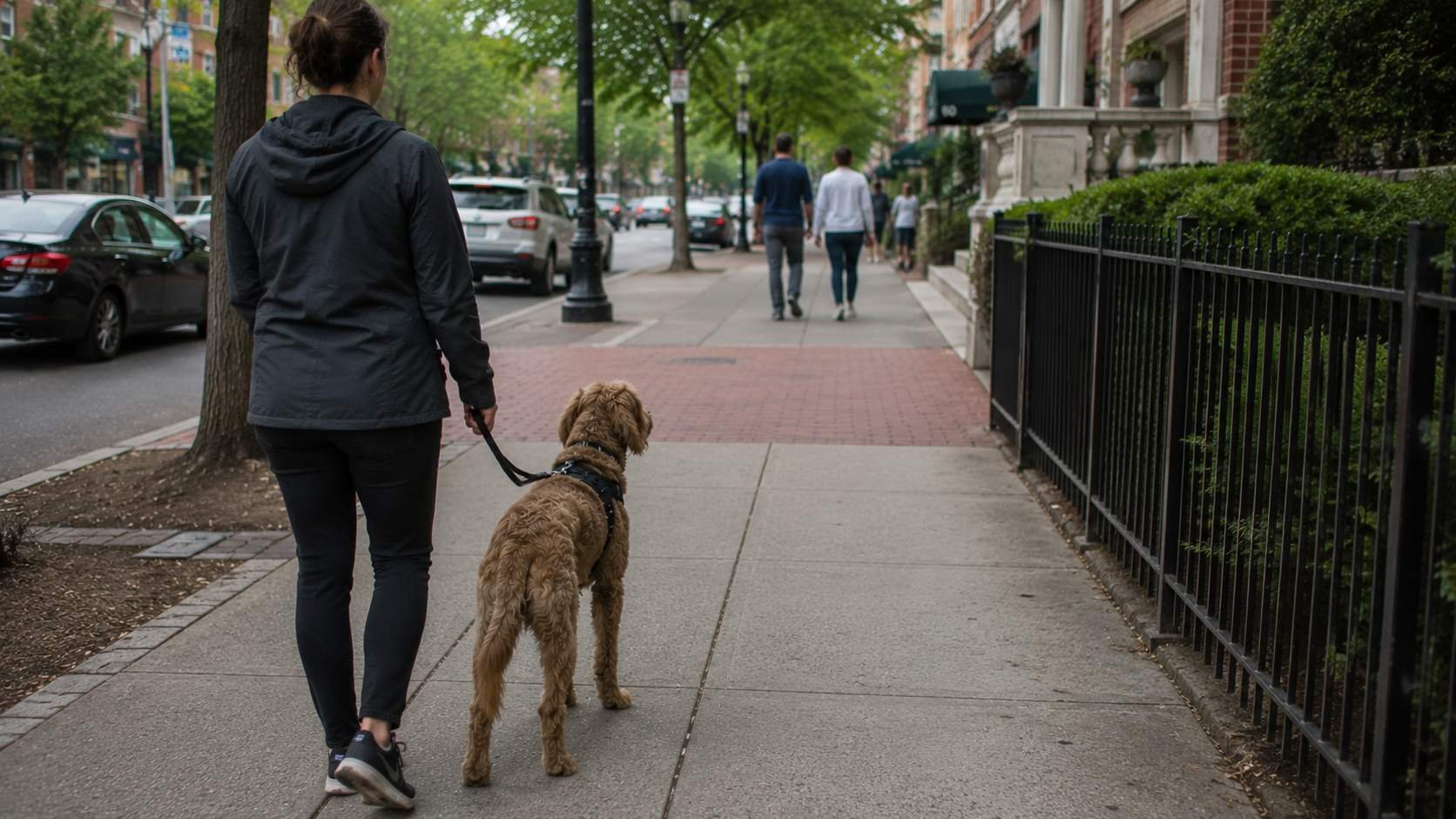 Owner walking a dog on a loose leash along a leafy Brookline sidewalk past brick apartment buildings
