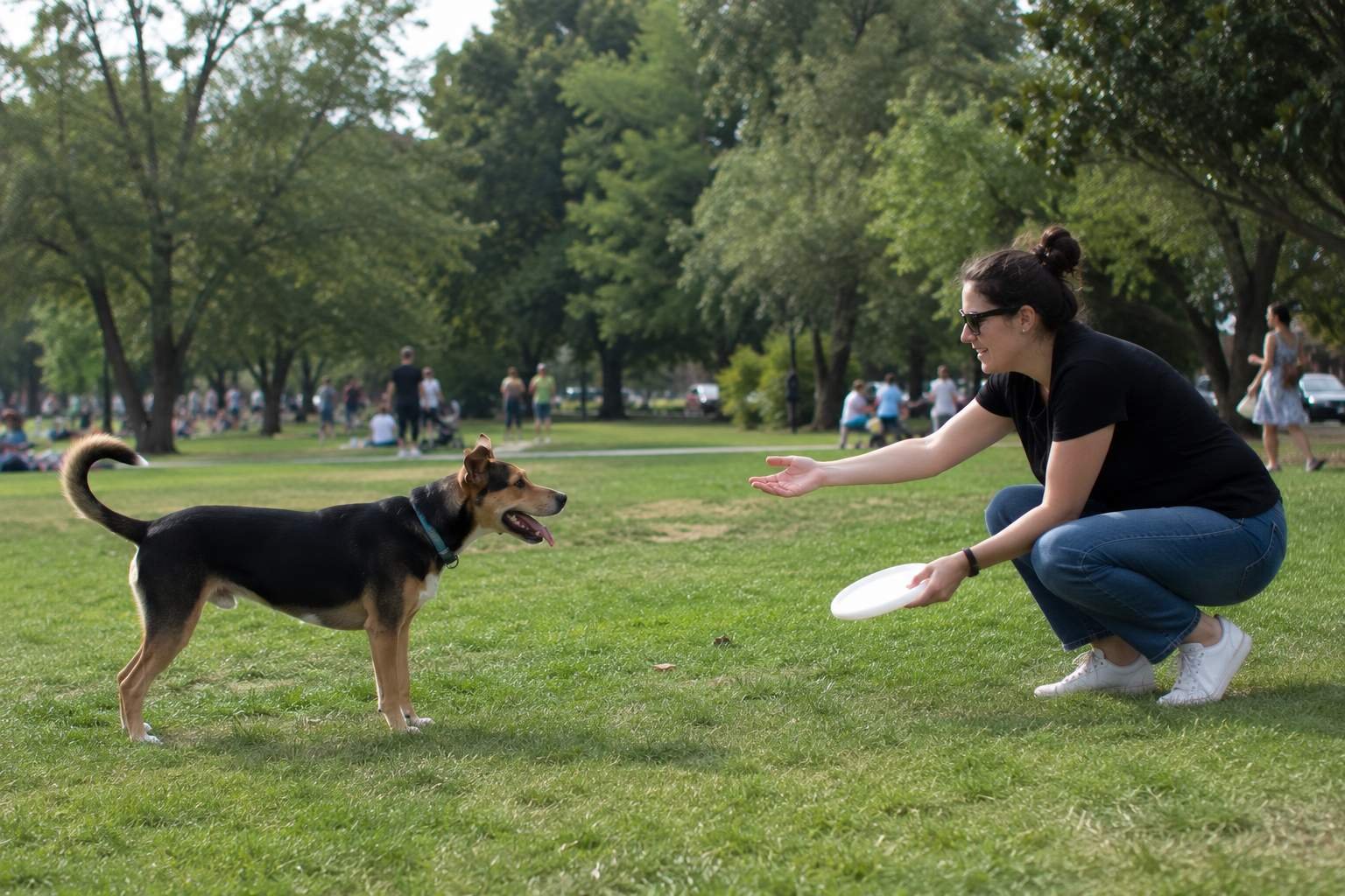 Handler and dog locked in at the moment before a frisbee toss at the park