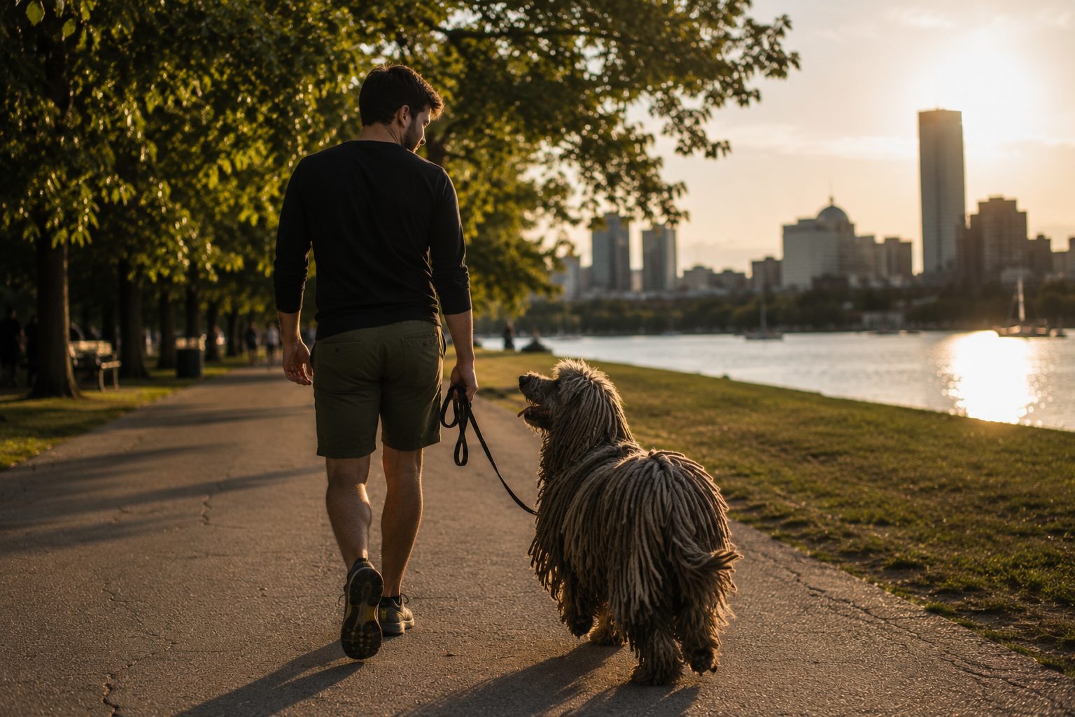 Walking a dog along the Charles River Esplanade at golden hour