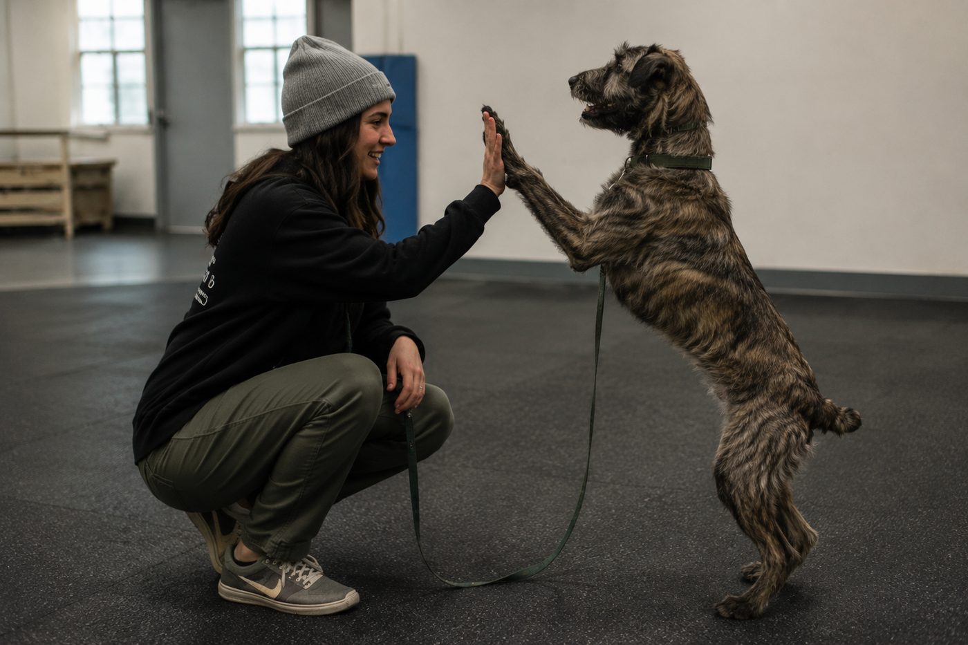 Trainer teaching a high-five during a training session