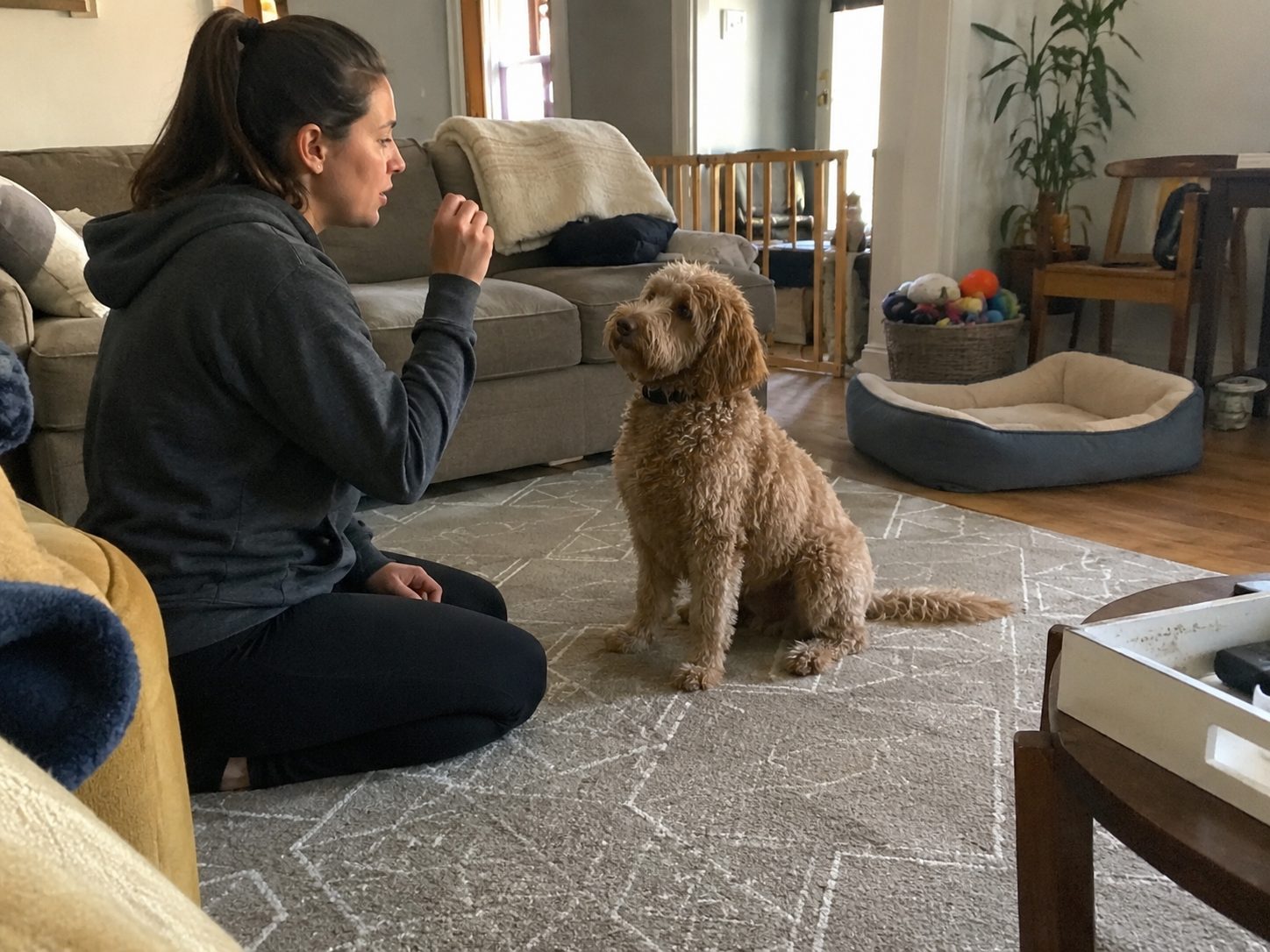 Trainer working a sit with a doodle during an in-home session