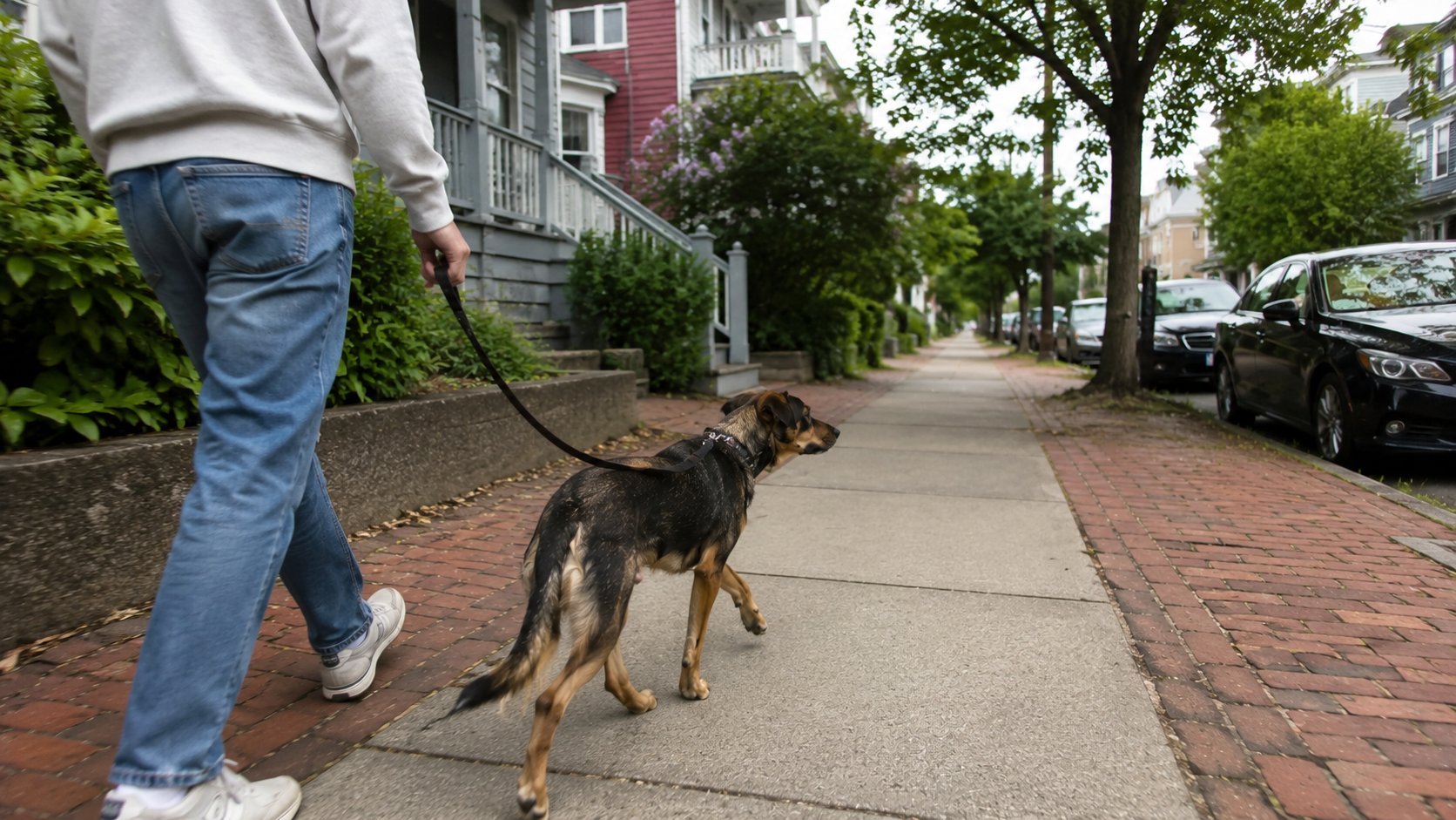 Dog holding a loose-leash heel walking beside its owner on a Boston sidewalk