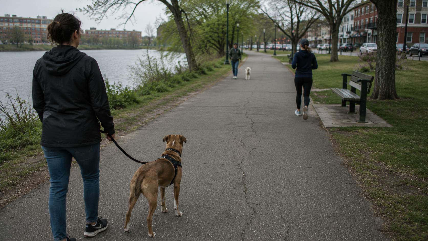 Owner walking a dog on a loose leash along the Mystic River path with a jogger passing at a distance