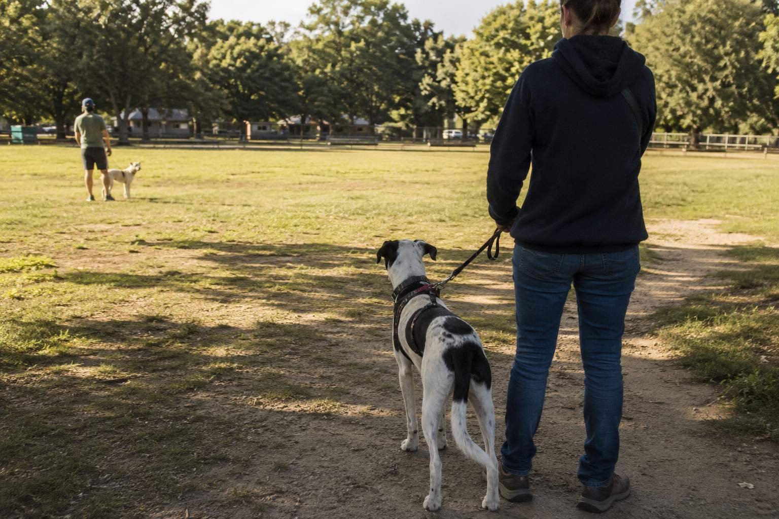 Reactive dog staying calm at a safe distance from another dog during behavior training in a park