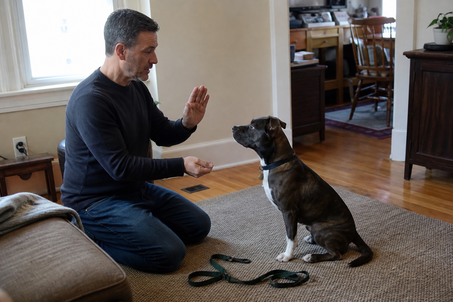 A trainer kneeling on a living-room rug, giving a hand signal while a dog holds a sit during an in-home session