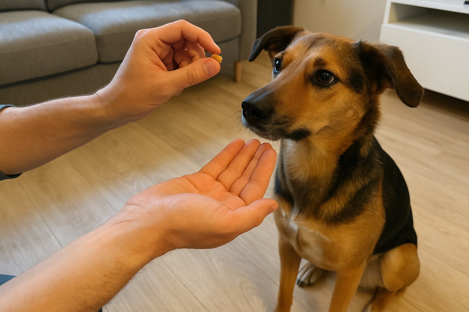 Trainer's hands rewarding a dog with a treat during an in-home training session
