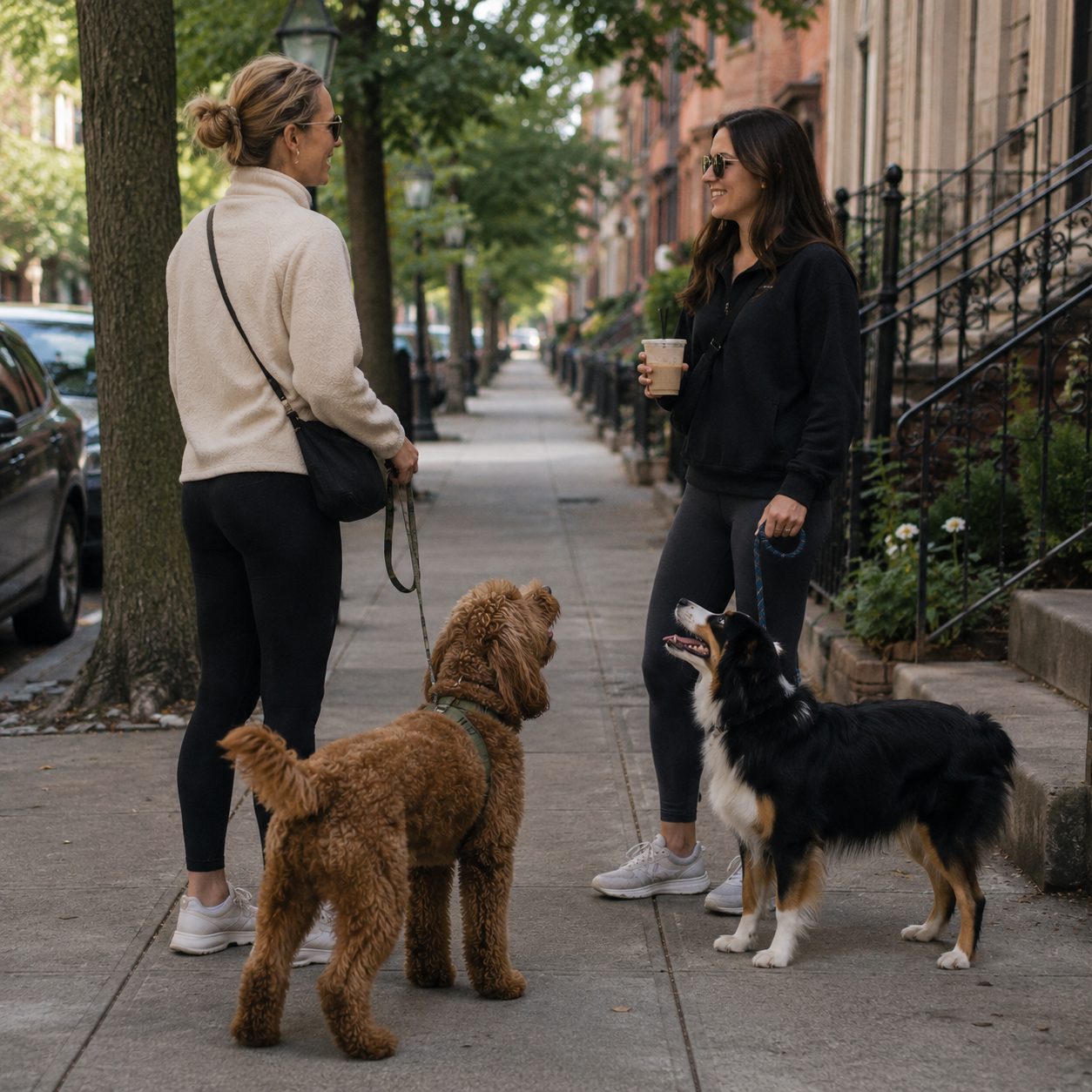 Reactive dog staying calm at a safe distance from another dog during behavior training in a park