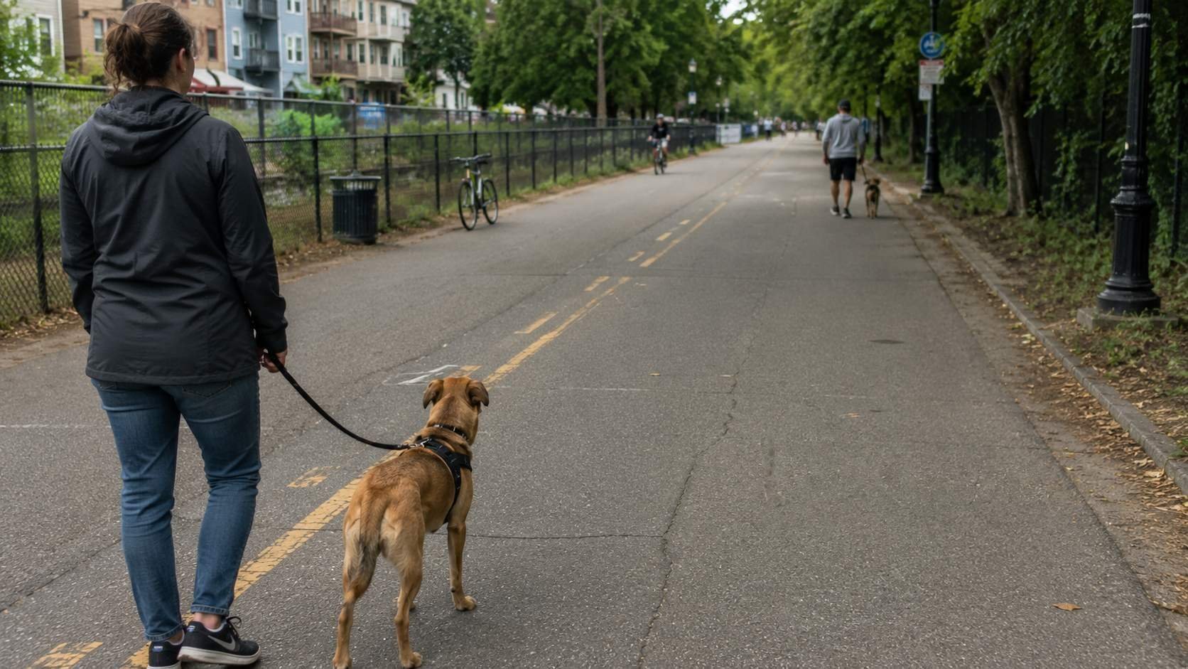Owner walking a dog on a loose leash along a paved community path, with a cyclist and another dog passing at a distance