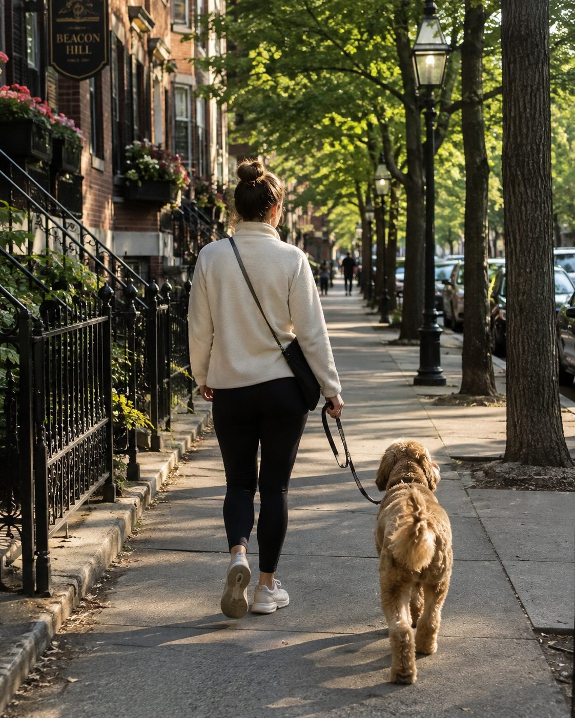 Owner walking a doodle down a leafy brownstone street