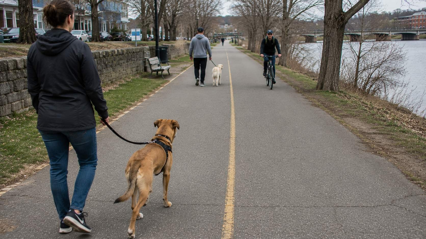 Owner walking a dog on a loose leash along the Charles River path with cyclists and another dog ahead