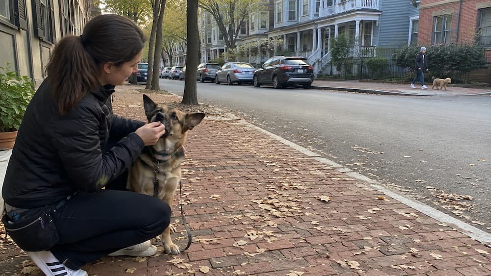 Handler feeding a treat to a calm shepherd-mix on a brick sidewalk while another dog passes far across the street